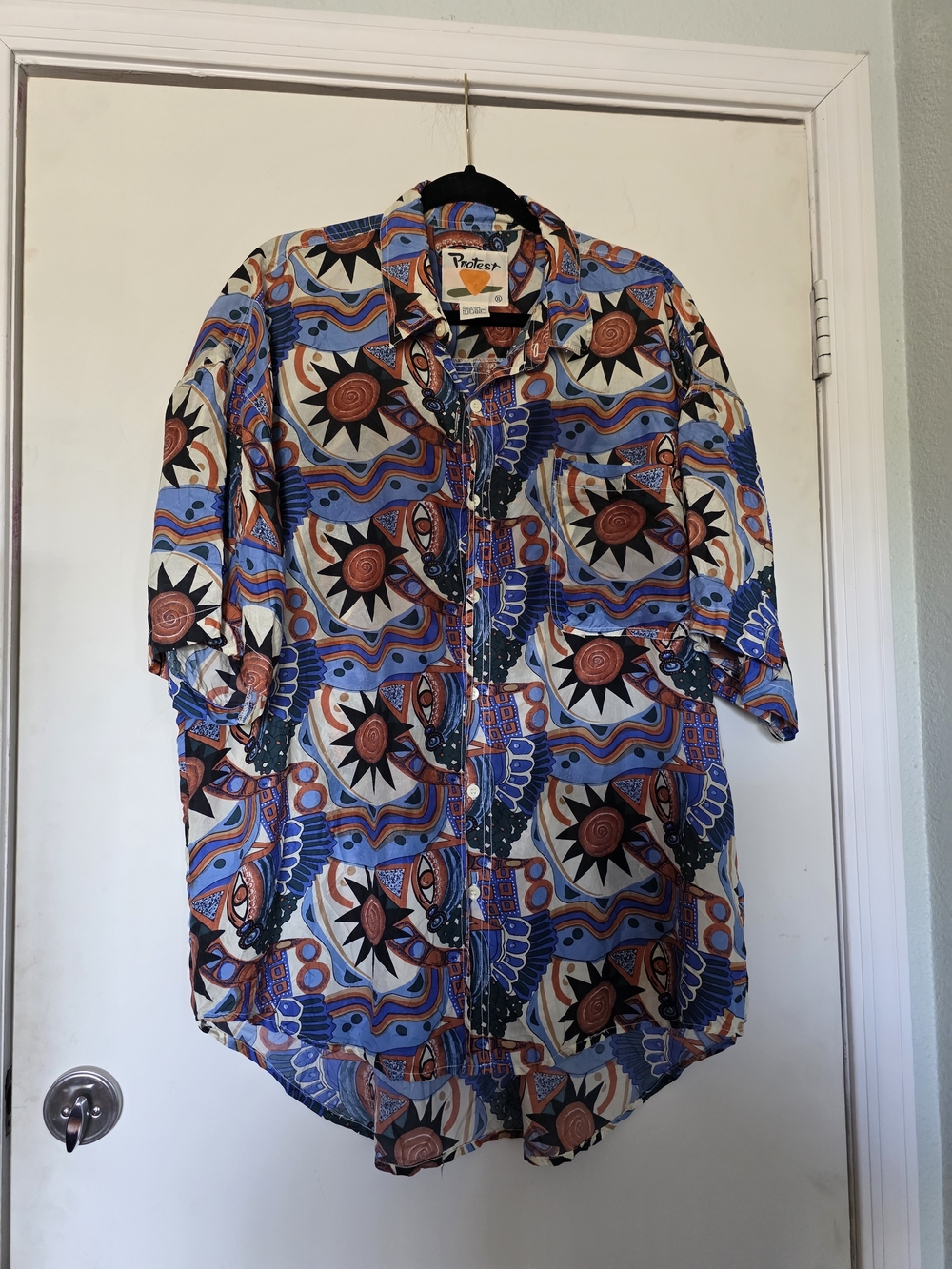 Protest Silk Button-Up Shirt in Blue & Rust